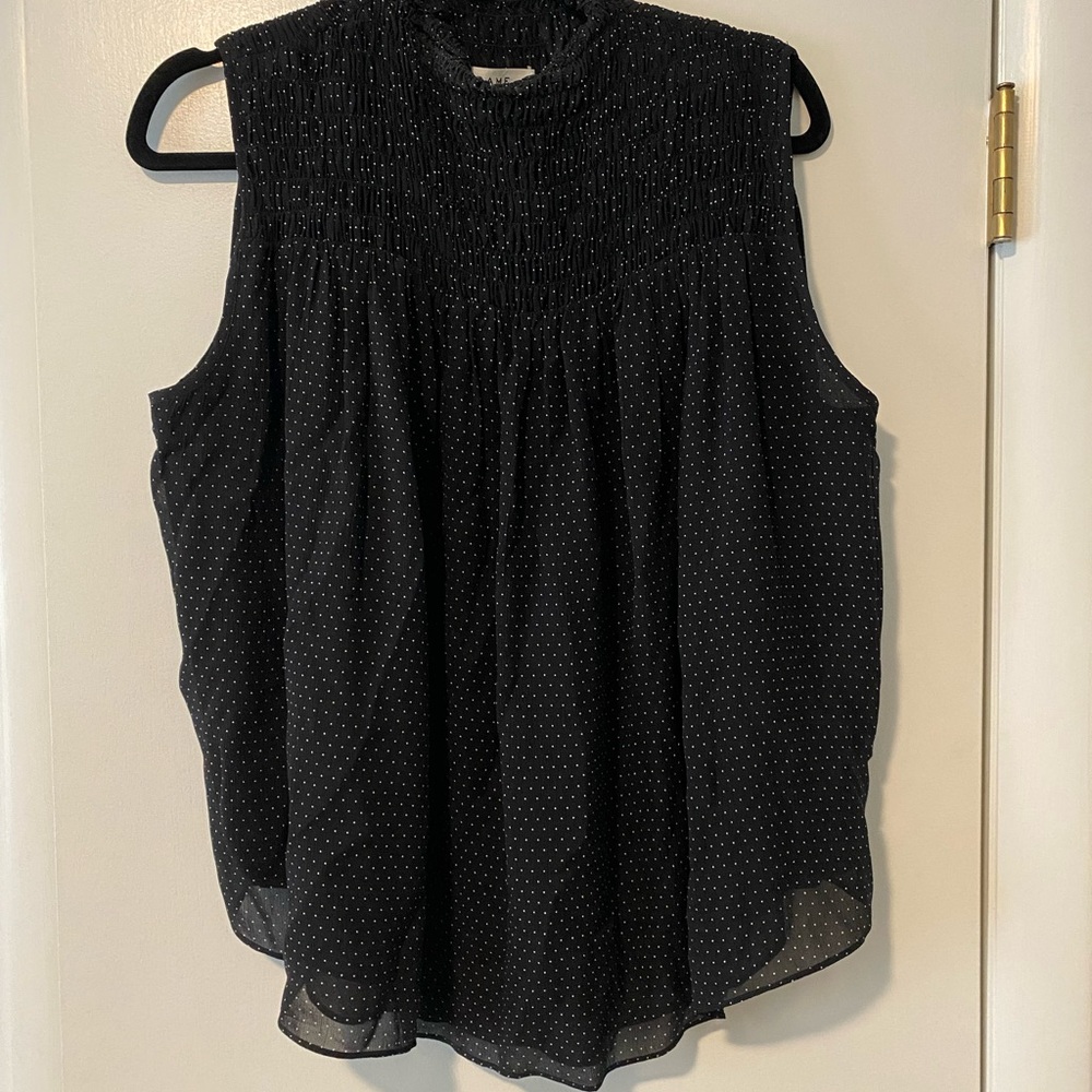 FRAME silk chiffon top with shirred top. Black with polka dots size M